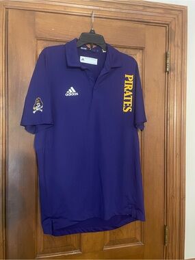 adidas Purple Pirates Polo Shirt with Yellow Chest Text, Sleeve Design,‎ Size L